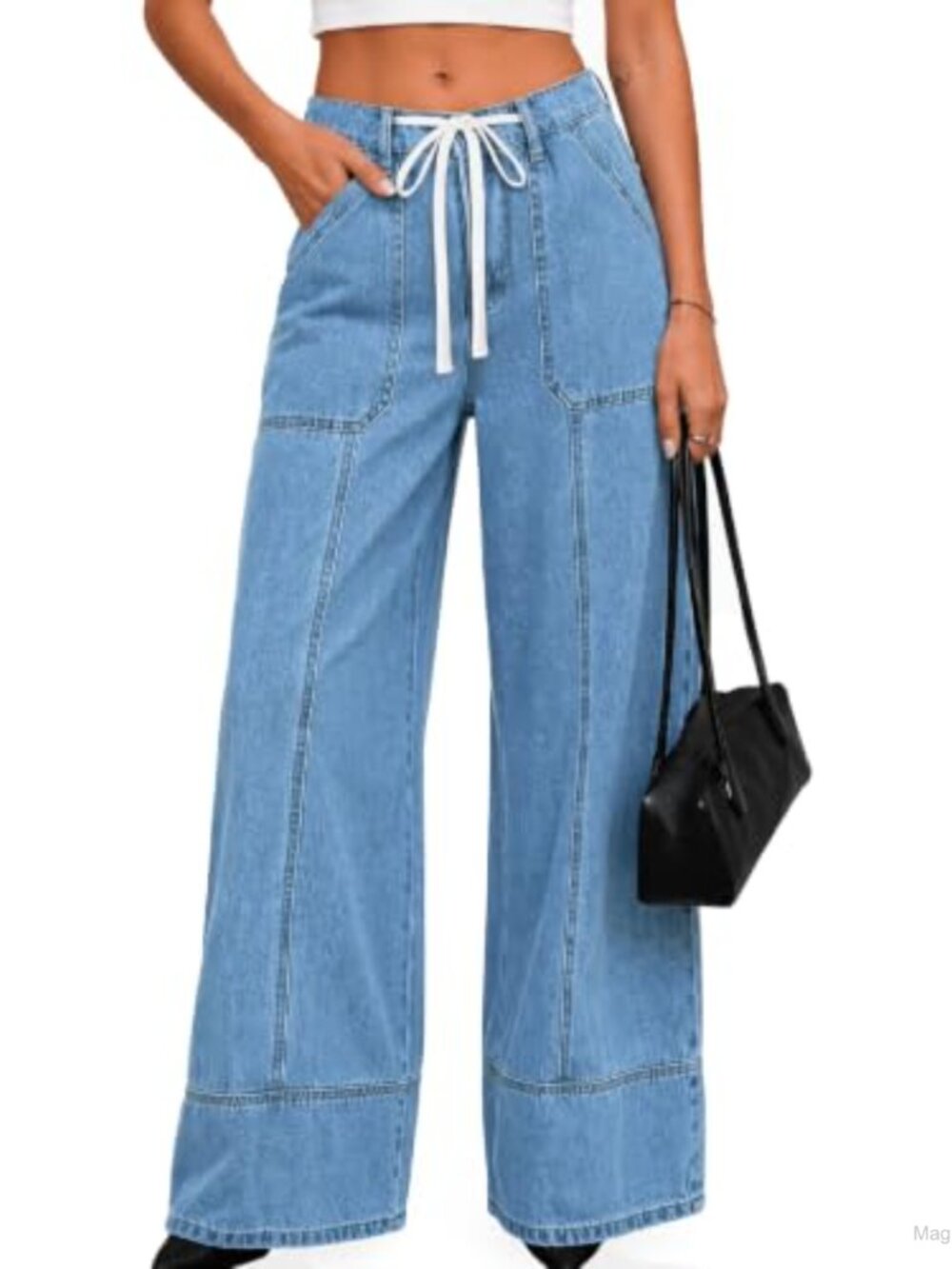 Womens Wide Leg Baggy Jeans High Waisted Drawstring Denim Pants